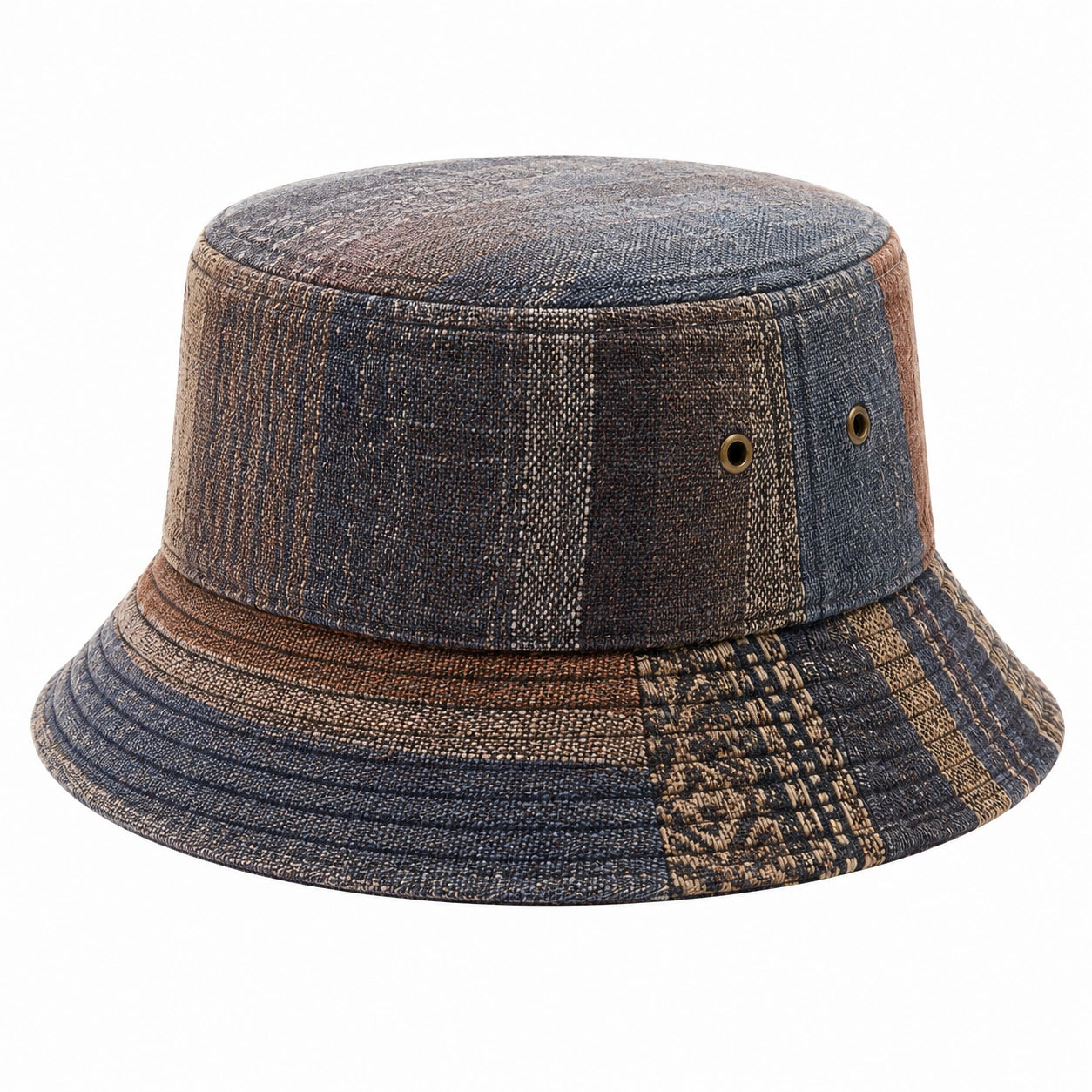 Bucket Hat Einheitsgröße aus Denim in Blau Braun mit Patchworkmuster und Ösen