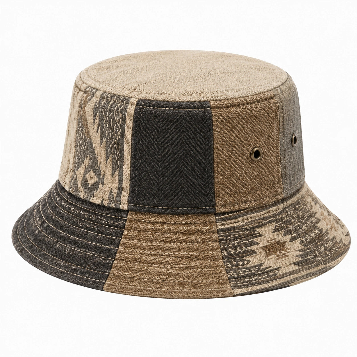 Fischerhut Einheitsgröße aus Textil in Beige Braun Schwarz mit Patchworkmuster