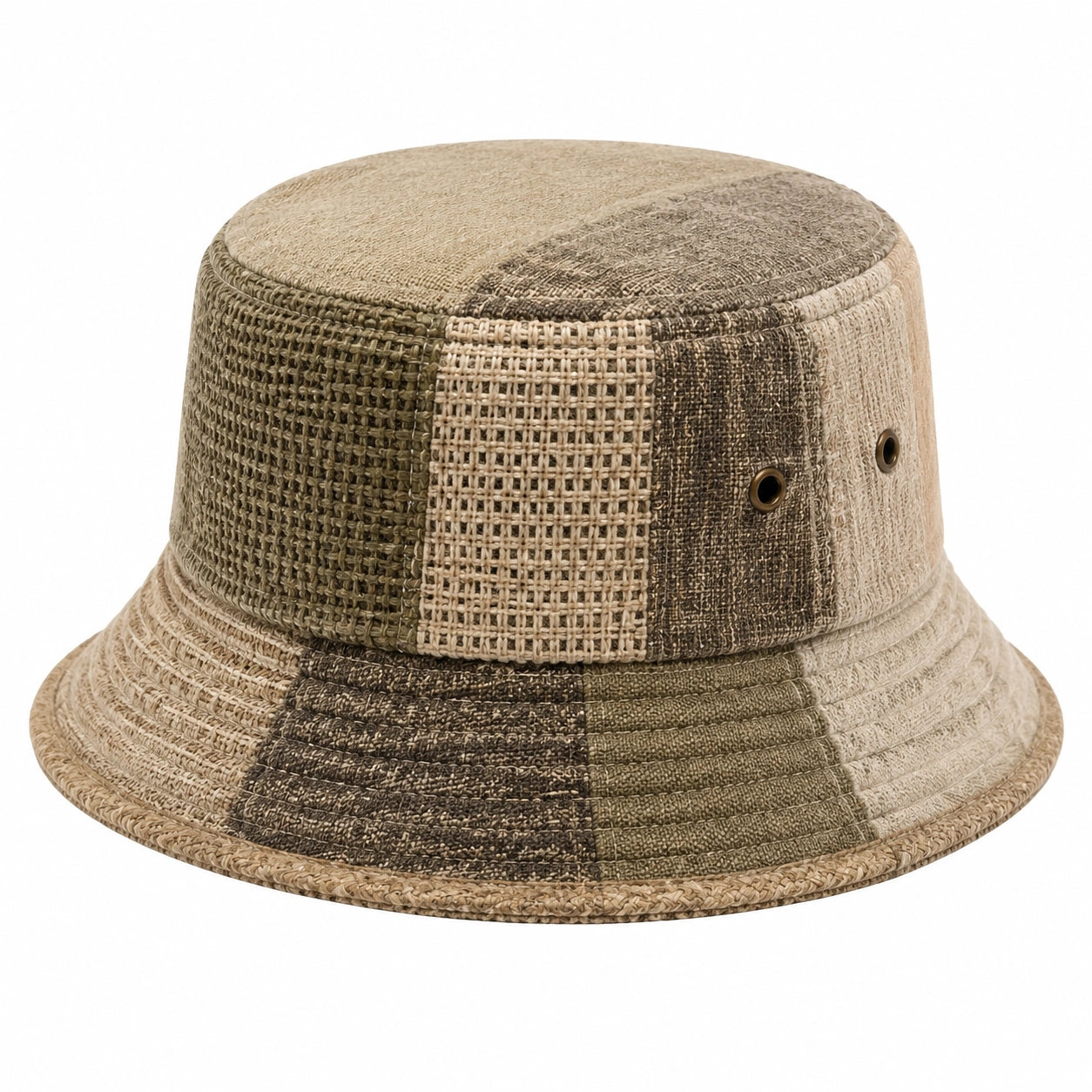 Bucket Hat Einheitsgröße aus Webstoff Beige Braun mit Patchworkmuster und Krempe