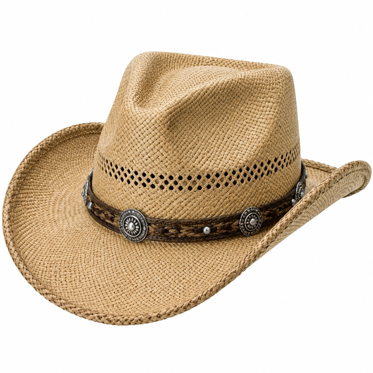 Cowboyhut Einheitsgröße aus geflochtener Naturfaser in Beige mit Dekorband im Westernstil