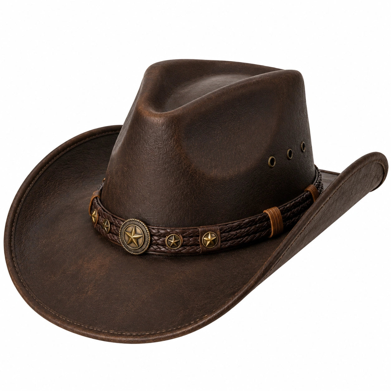 Cowboyhut Einheitsgröße braune Lederoptik mit geflochtenem Zierband im Westernstil