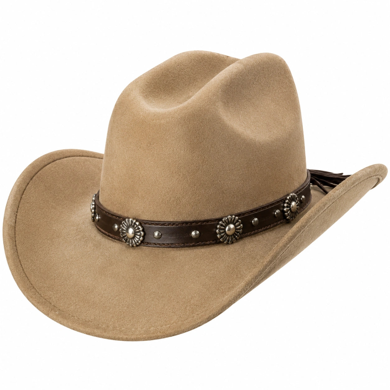 Cowboyhut Einheitsgröße Beige mit veloursartiger Oberfläche und Zierband im Westernstil