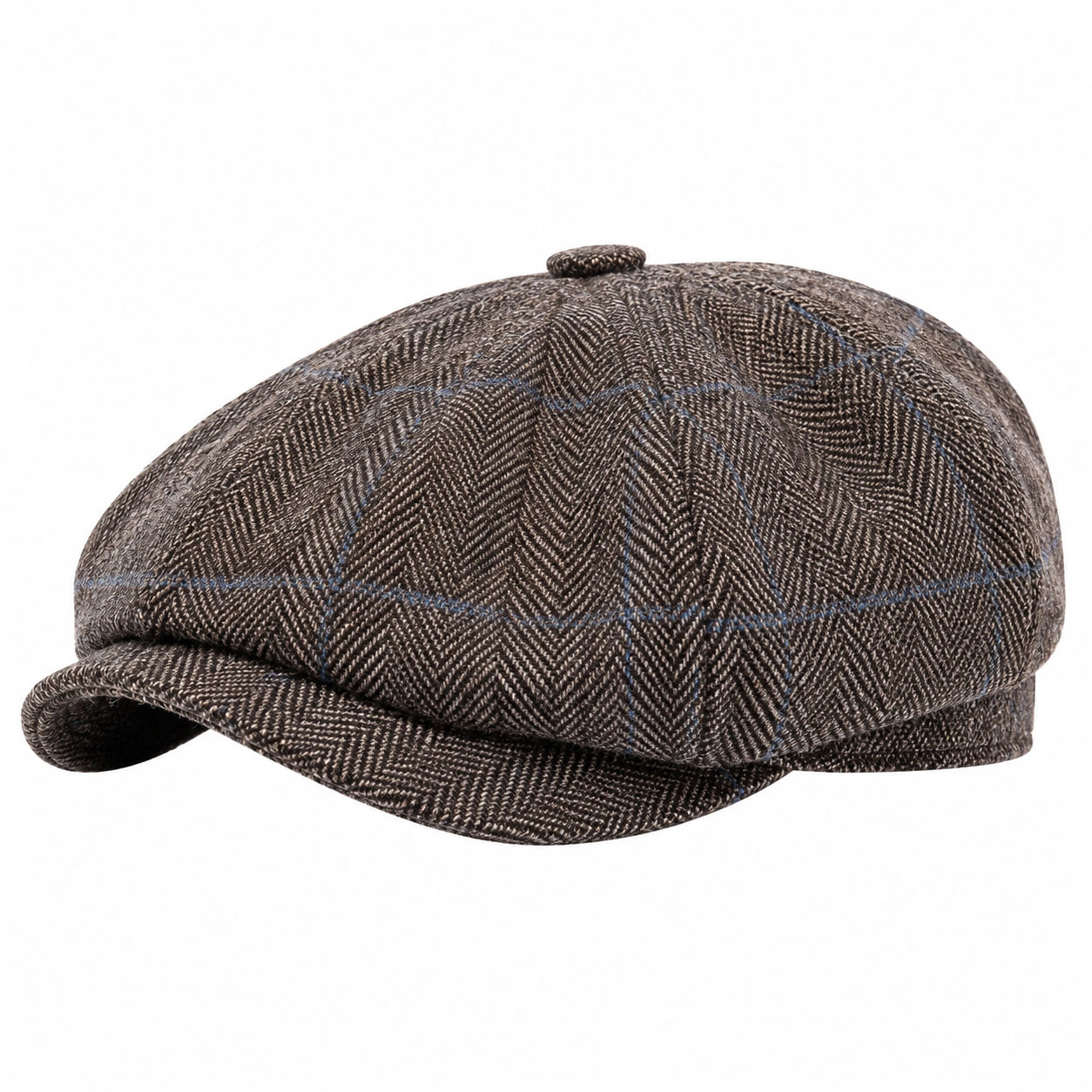Schiebermütze Einheitsgröße aus Webstoff Braun/Blau mit Fischgrätmuster