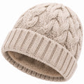 Strickmütze Einheitsgröße Beige mit Zopfmuster und Umschlag