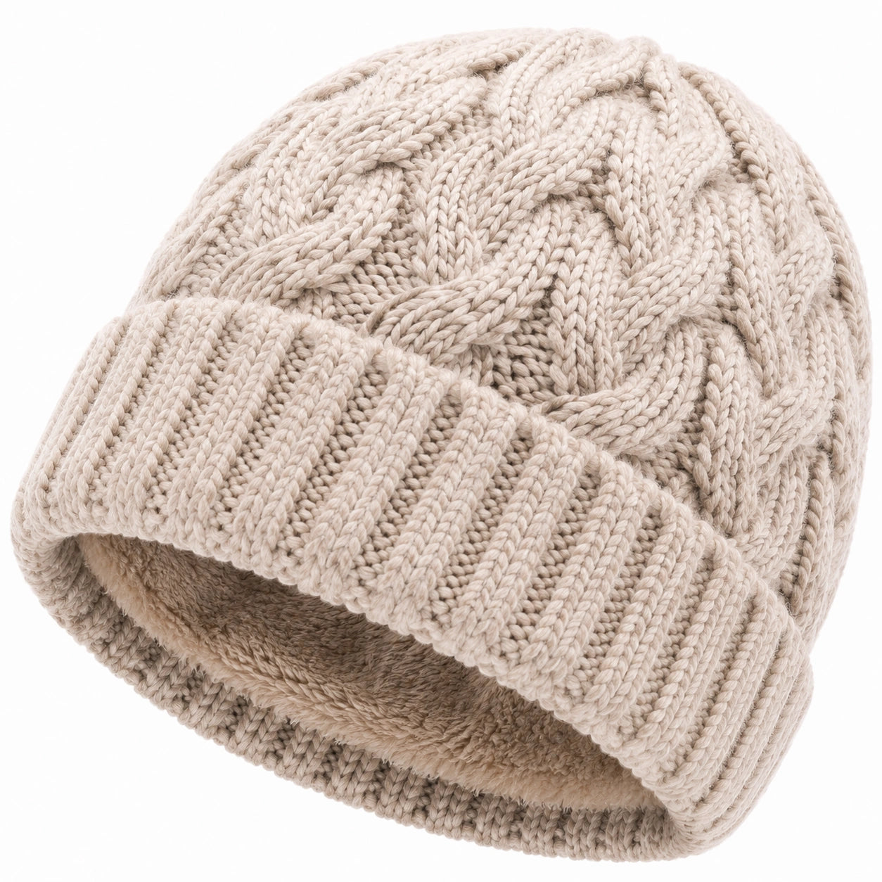 Strickmütze Einheitsgröße Beige mit Zopfmuster und Umschlag