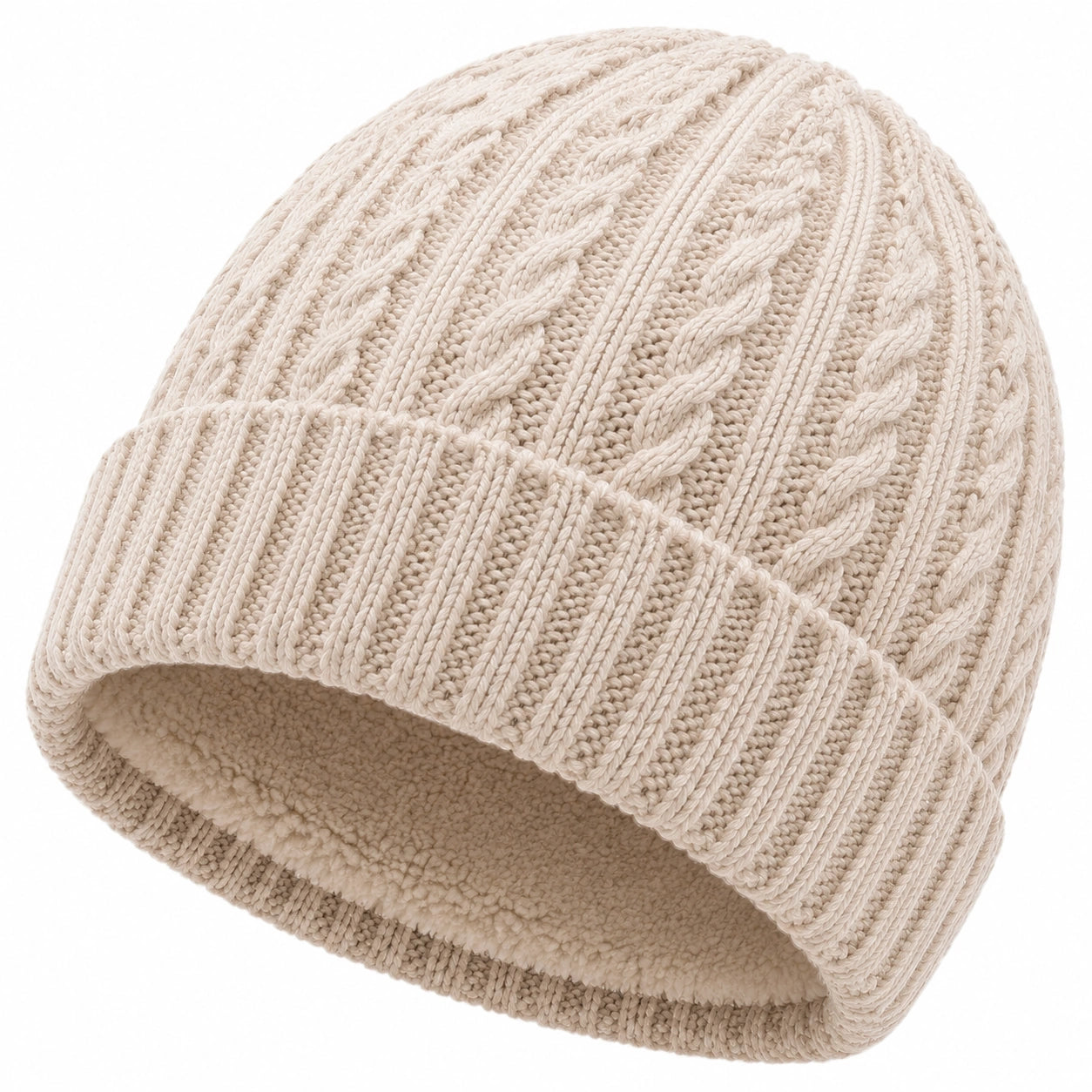 Strickmütze Einheitsgröße aus Strickmaterial in Creme mit Zopfmuster für den Winter