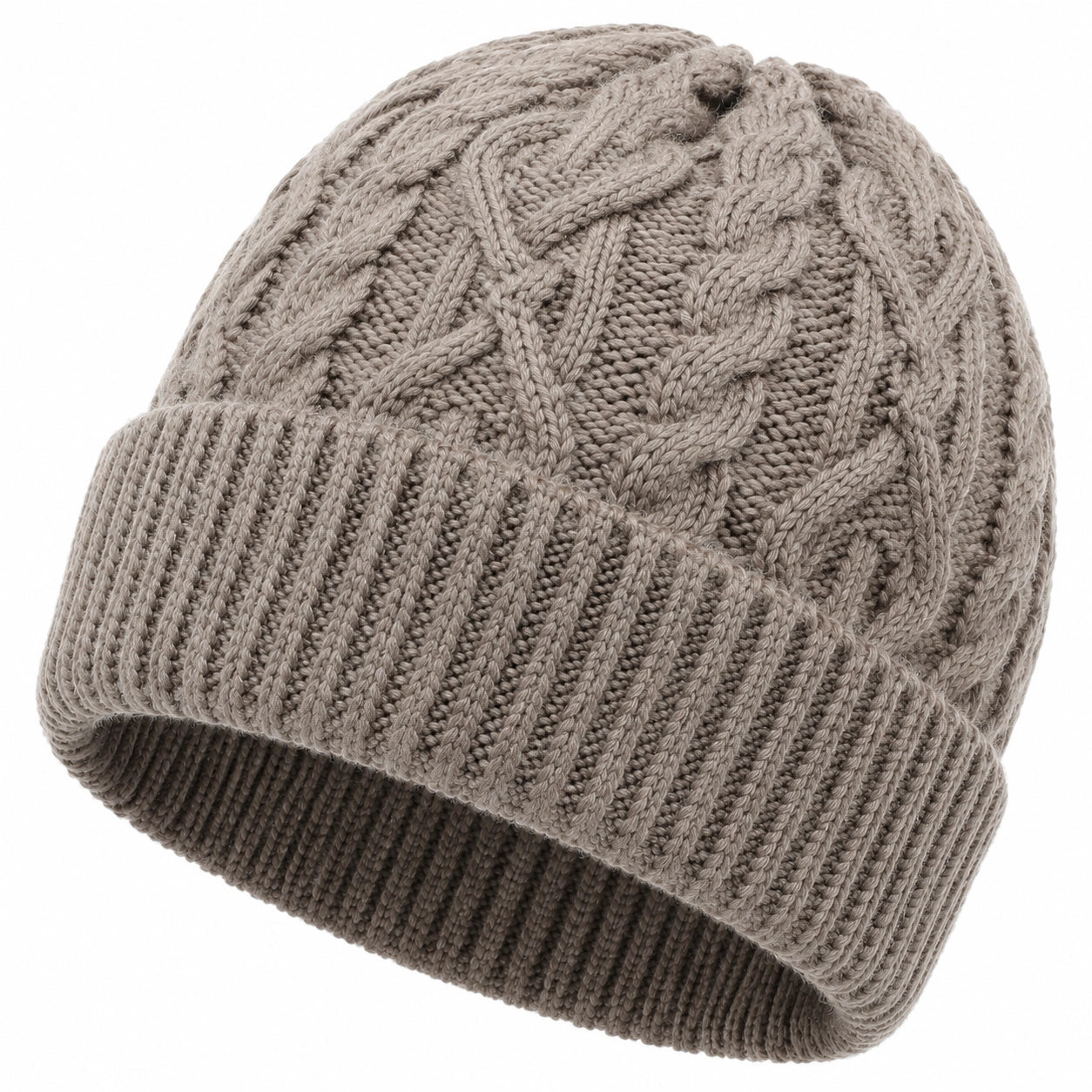 Strickmütze Einheitsgröße Taupe mit Zopfmuster und Umschlag für Damen und Herren