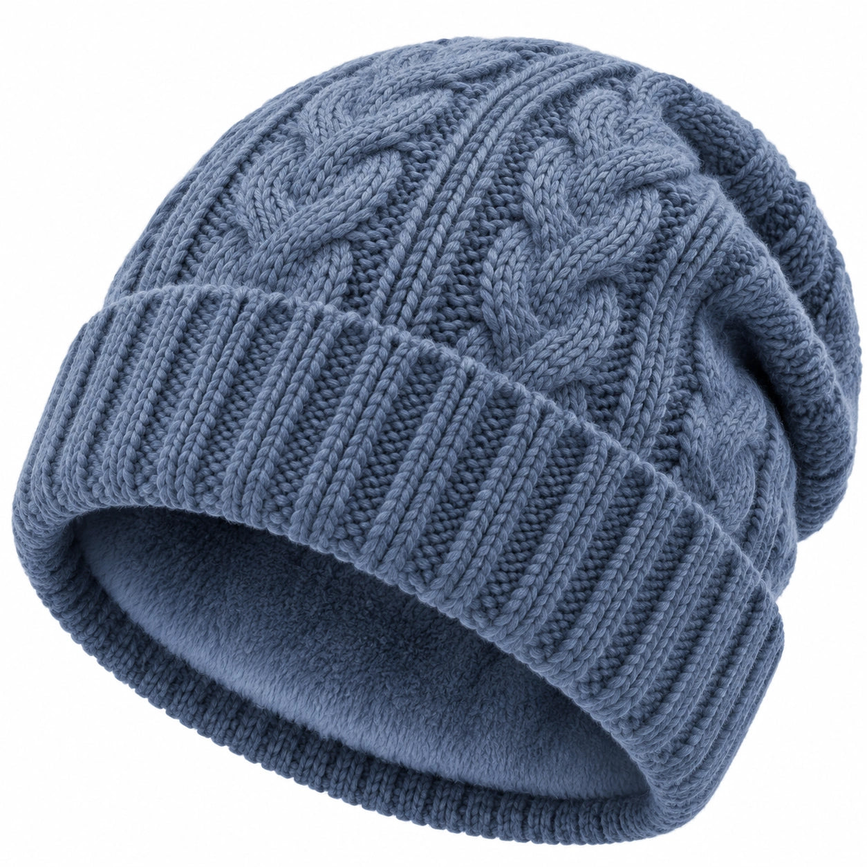 Strickmütze Einheitsgröße Blau mit Fleece-Innenfutter im Zopfmuster für kalte Tage