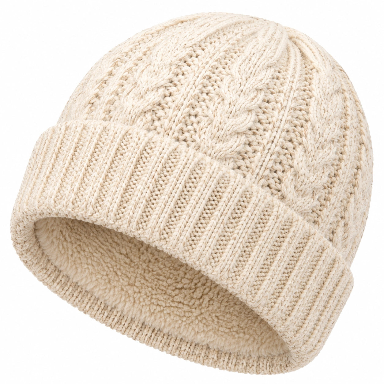Strickmütze Einheitsgröße Creme mit Fleecefutter Zopfmuster