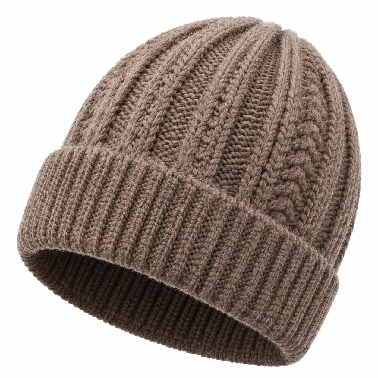 Beanie Einheitsgröße Taupe Strickmütze mit Umschlag für Damen und Herren
